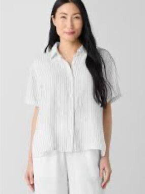 Eileen Fisher Organic Cotton Striped Short-Sleeve Button-Up Women's Shirt 1X